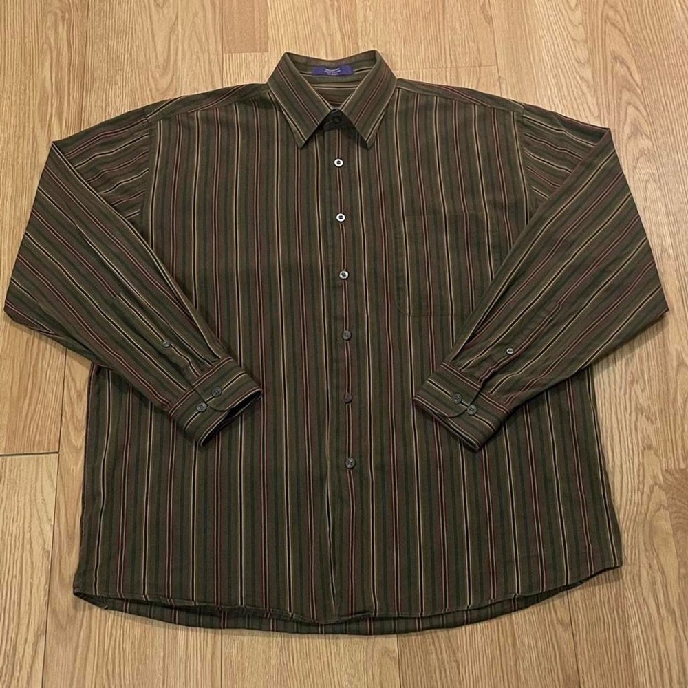 Alan Flusser Men's Medium Long Sleeve Button Down Shirt Brown Striped Preppy